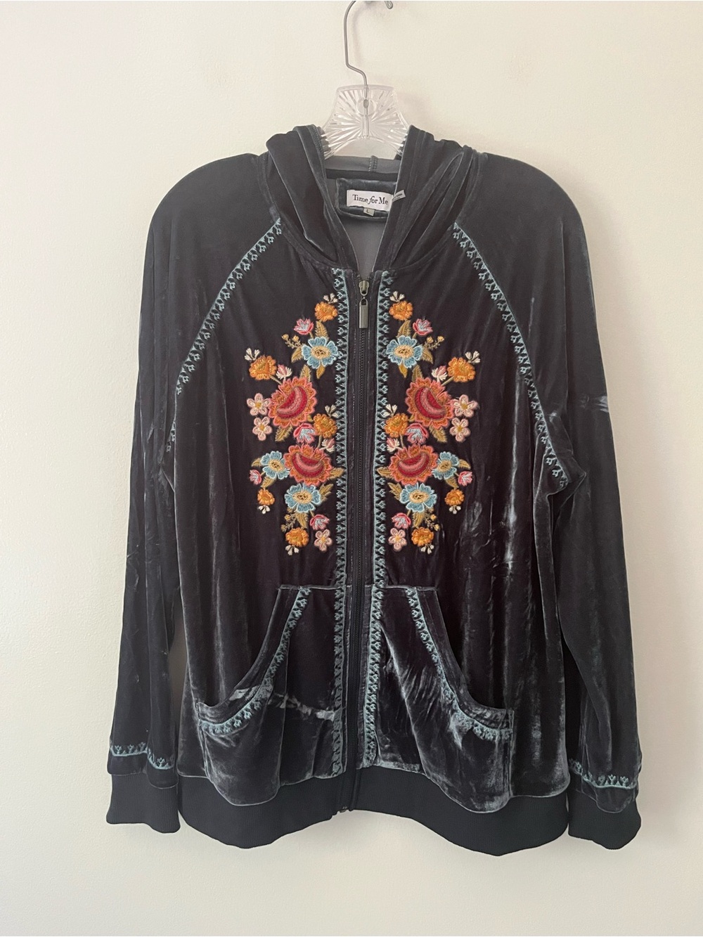 Time For Me Embroidered Floral Velvet Full Zip Hoodie Jacket Hippie Bohemian L